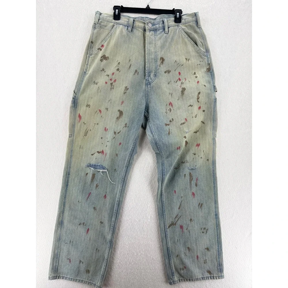 mnml - Carpenter Pants Paint Splatter Distressed Herringbone - Blue - 34 - Mens